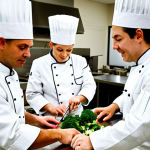 Culinary School Classroom**

A bustling culinary school classroom, students in chef's whites, fully clothed and appropriate attire, meticulously practicing knife skills on vegetables, stainless steel countertops, instructor demonstrating proper technique, safe for work, perfect anatomy, correct proportions, professional photography, family-friendly.

**