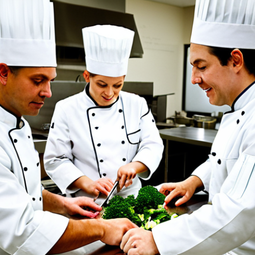 Culinary School Classroom**

A bustling culinary school classroom, students in chef's whites, fully clothed and appropriate attire, meticulously practicing knife skills on vegetables, stainless steel countertops, instructor demonstrating proper technique, safe for work, perfect anatomy, correct proportions, professional photography, family-friendly.

**