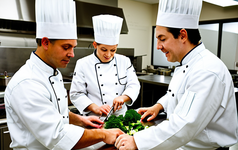 Culinary School Classroom**

A bustling culinary school classroom, students in chef's whites, fully clothed and appropriate attire, meticulously practicing knife skills on vegetables, stainless steel countertops, instructor demonstrating proper technique, safe for work, perfect anatomy, correct proportions, professional photography, family-friendly.

**
