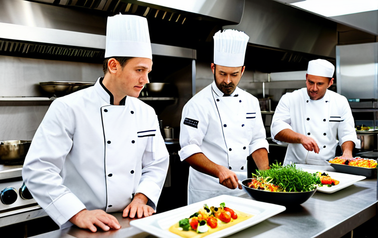국제요리사 연봉 평균 및 전망 - Modern Restaurant Scene**
"A brightly lit, modern restaurant kitchen. A diverse team of chefs, full...