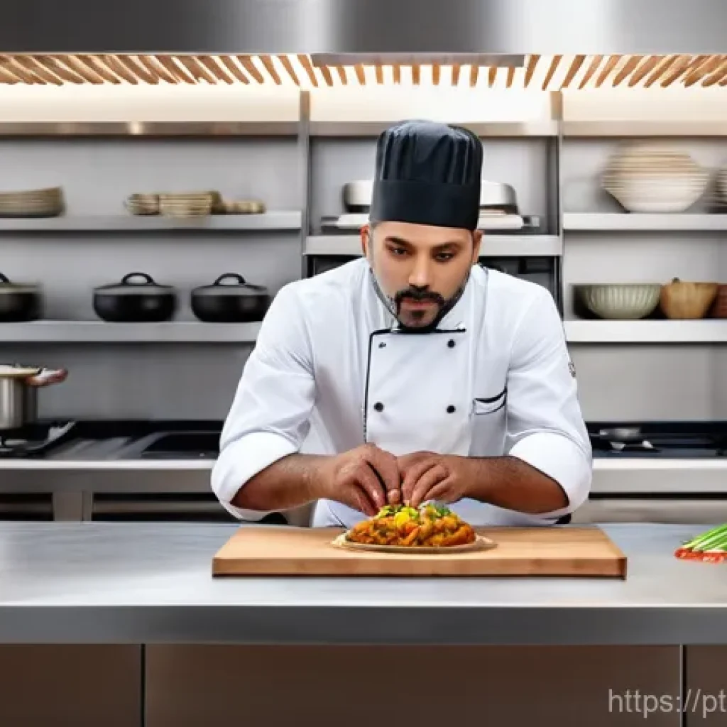 국제요리사 채용 시 필요한 준비물 - **A chef showcasing skill and cultural fusion in an international kitchen.**