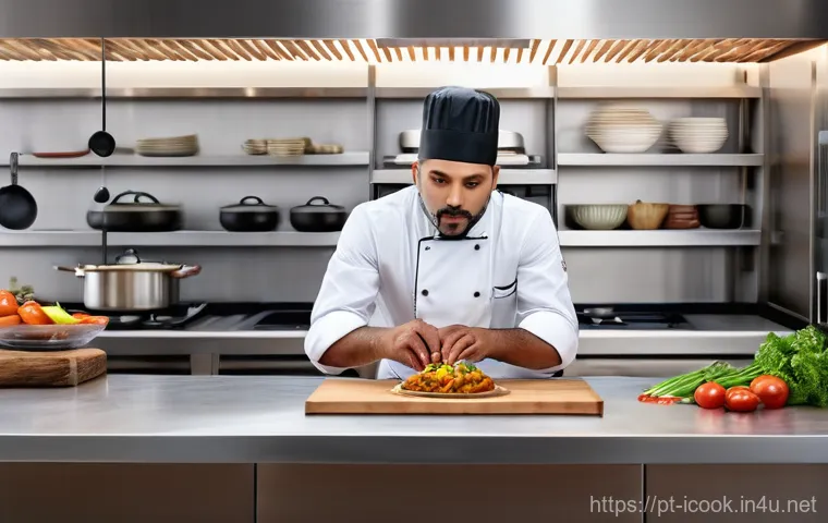 국제요리사 채용 시 필요한 준비물 - **A chef showcasing skill and cultural fusion in an international kitchen.**