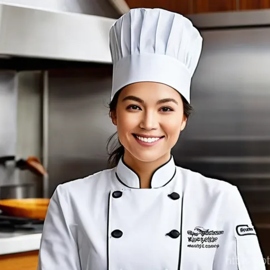 국제요리사 자격증 시험 일정 - **Prompt:** A highly professional and confident female chef, in her late 20s to early 30s, stands pr...