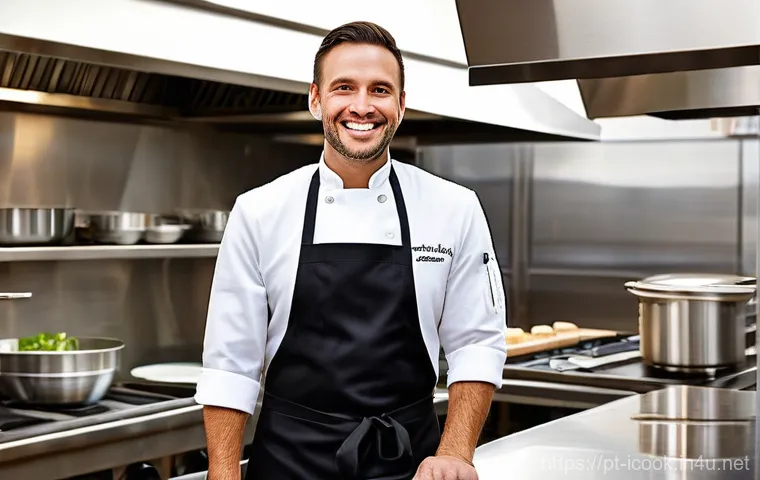 국제요리사 자격증 갱신 주기 - **"A proud professional chef, a man in his late 30s with a warm, content smile, stands confidently i...