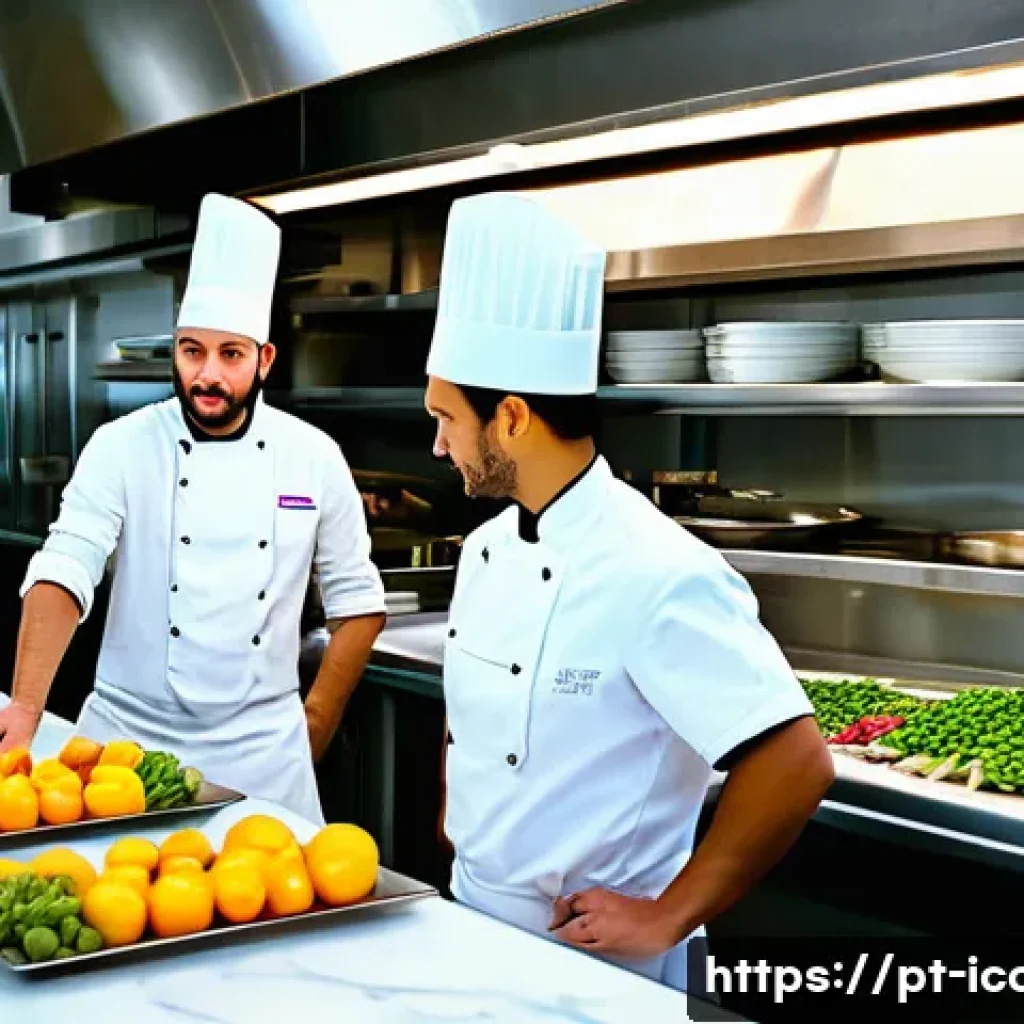 국제요리사 직업윤리와 관련된 이야기 - A bustling professional kitchen scene in a modern Brazilian restaurant, showcasing a diverse team of...