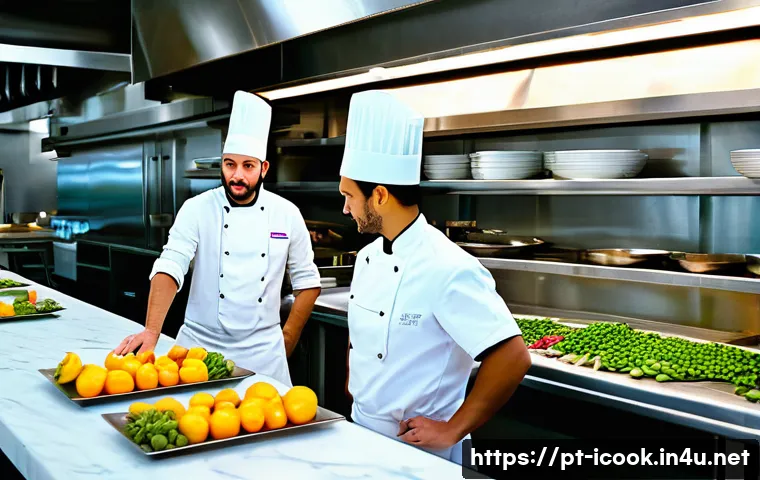 국제요리사 직업윤리와 관련된 이야기 - A bustling professional kitchen scene in a modern Brazilian restaurant, showcasing a diverse team of...