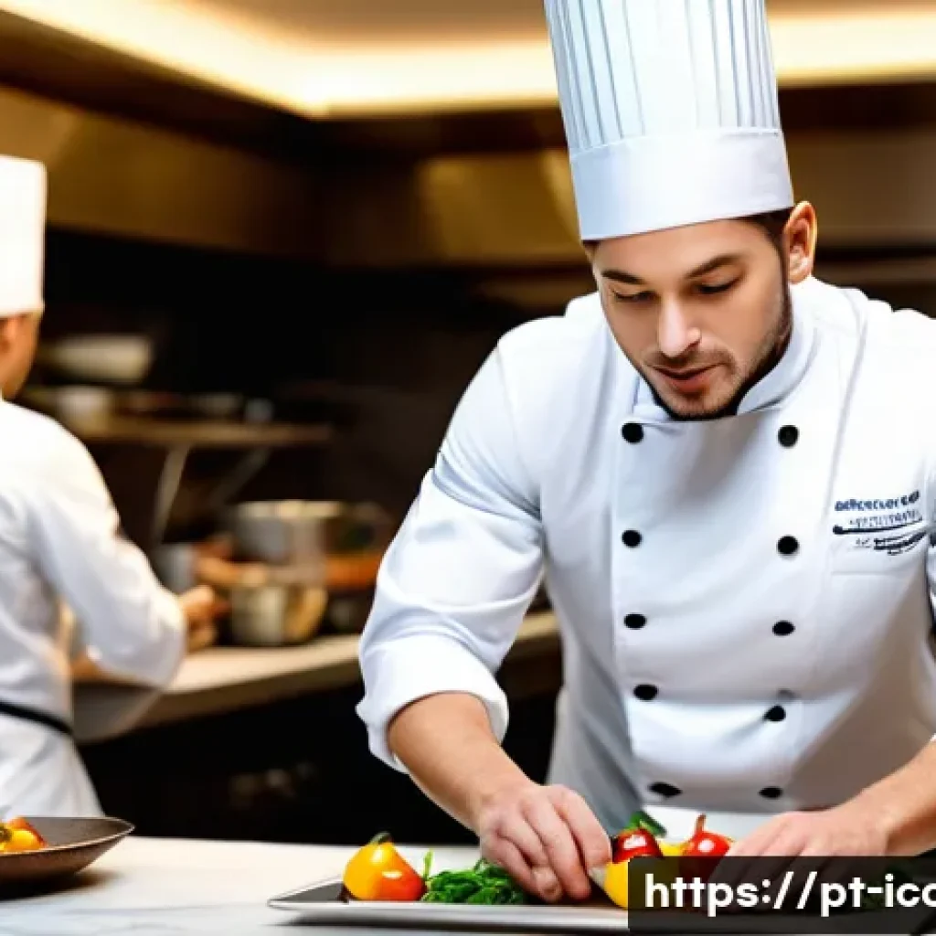 요리사로서의 글로벌 인증 - A professional chef in a modern international kitchen, wearing a pristine white chef’s jacket and to...
