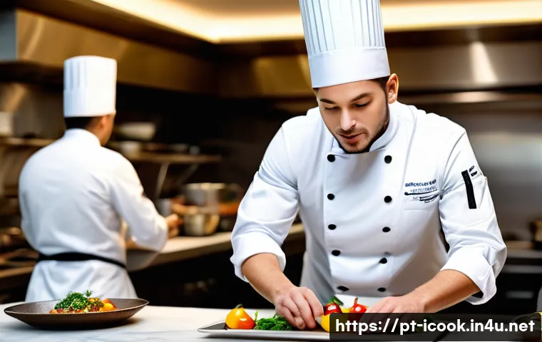 요리사로서의 글로벌 인증 - A professional chef in a modern international kitchen, wearing a pristine white chef’s jacket and to...