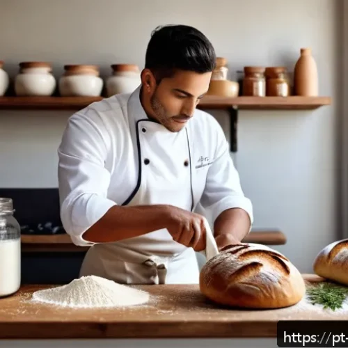 Home 33 국제요리사 자격증 시험 과목 분석 - A professional kitchen scene showcasing a chef preparing artisanal bread using various types of flou...