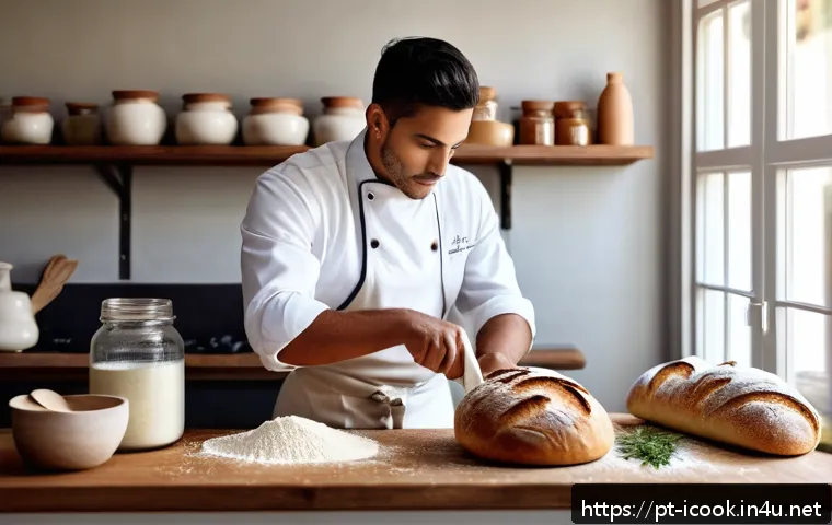 국제요리사 자격증 시험 과목 분석 - A professional kitchen scene showcasing a chef preparing artisanal bread using various types of flou...