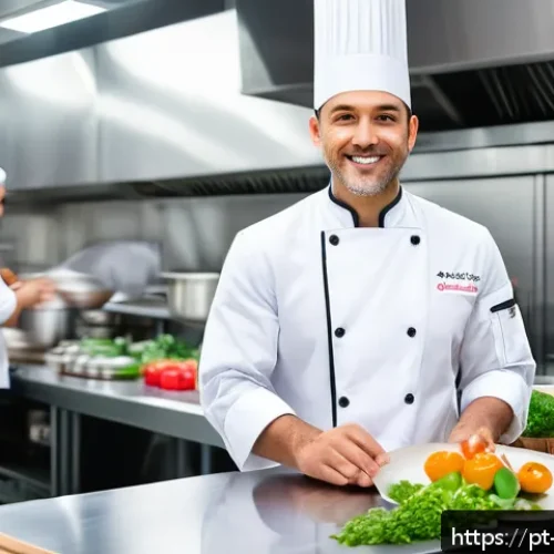 Home 32 국제요리사 시험 응시 자격 조건 - A professional international chef in a modern commercial kitchen, wearing a crisp white chef’s jacke...
