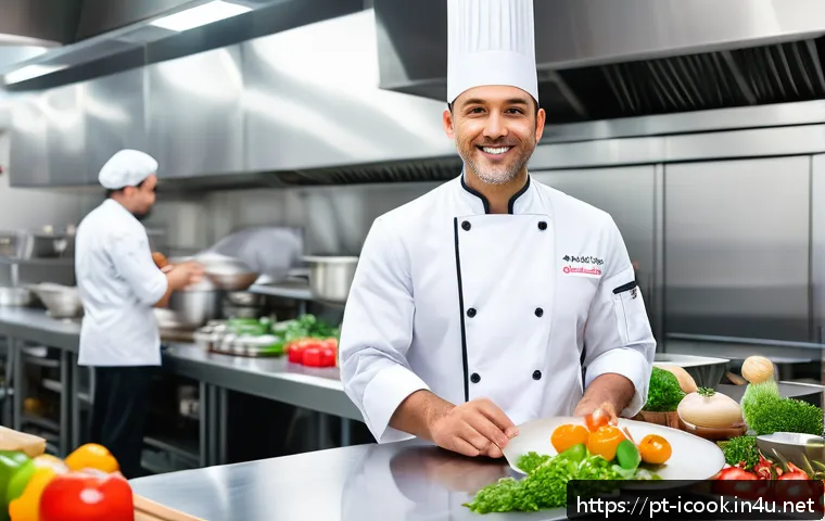 국제요리사 시험 응시 자격 조건 - A professional international chef in a modern commercial kitchen, wearing a crisp white chef’s jacke...