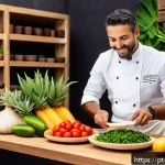 Home 19 요리사로서 음식 트렌드 분석법 - A vibrant, modern Brazilian chef in a stylish kitchen, attentively observing a group of diverse cust...