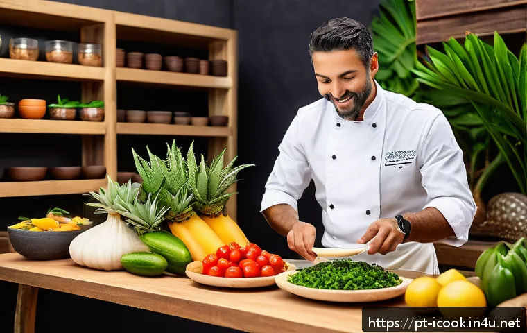 요리사로서 음식 트렌드 분석법 - A vibrant, modern Brazilian chef in a stylish kitchen, attentively observing a group of diverse cust...