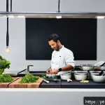 Home 18 국제요리사 실기시험 중 주의할 점 - A professional cooking exam setting showing a neatly organized workstation with a clean countertop, ...
