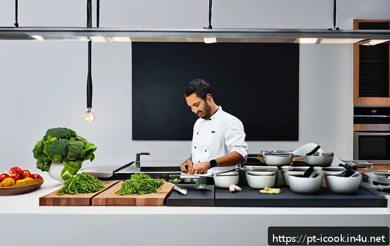 국제요리사 실기시험 중 주의할 점 - A professional cooking exam setting showing a neatly organized workstation with a clean countertop, ...