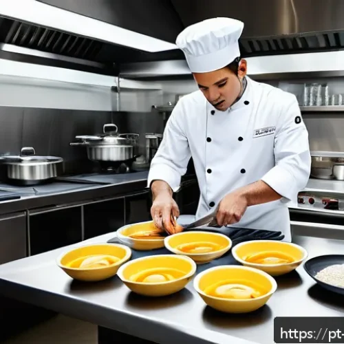 Home 17 요리사 실기시험 성공 비결 - A professional kitchen workstation meticulously organized for a cooking exam, featuring neatly prepp...