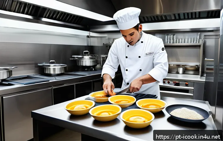 요리사 실기시험 성공 비결 - A professional kitchen workstation meticulously organized for a cooking exam, featuring neatly prepp...